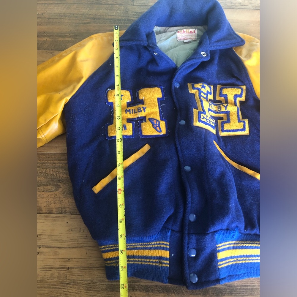 Fab Knit Holts Sporting Goods Varsity Bomber Jacket Sz 40 Yellow Blue H Milby - Picture 6 of 13